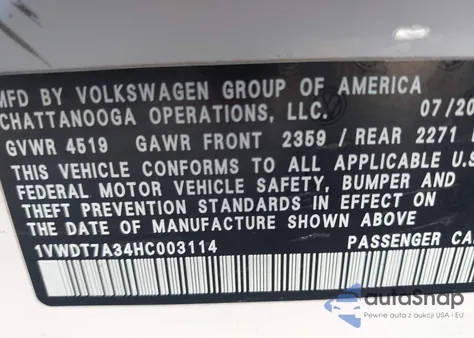 2017 Volkswagen Passat 1.8T R-Line из США, поврежденный, VIN 1VWDT7A34HC003114